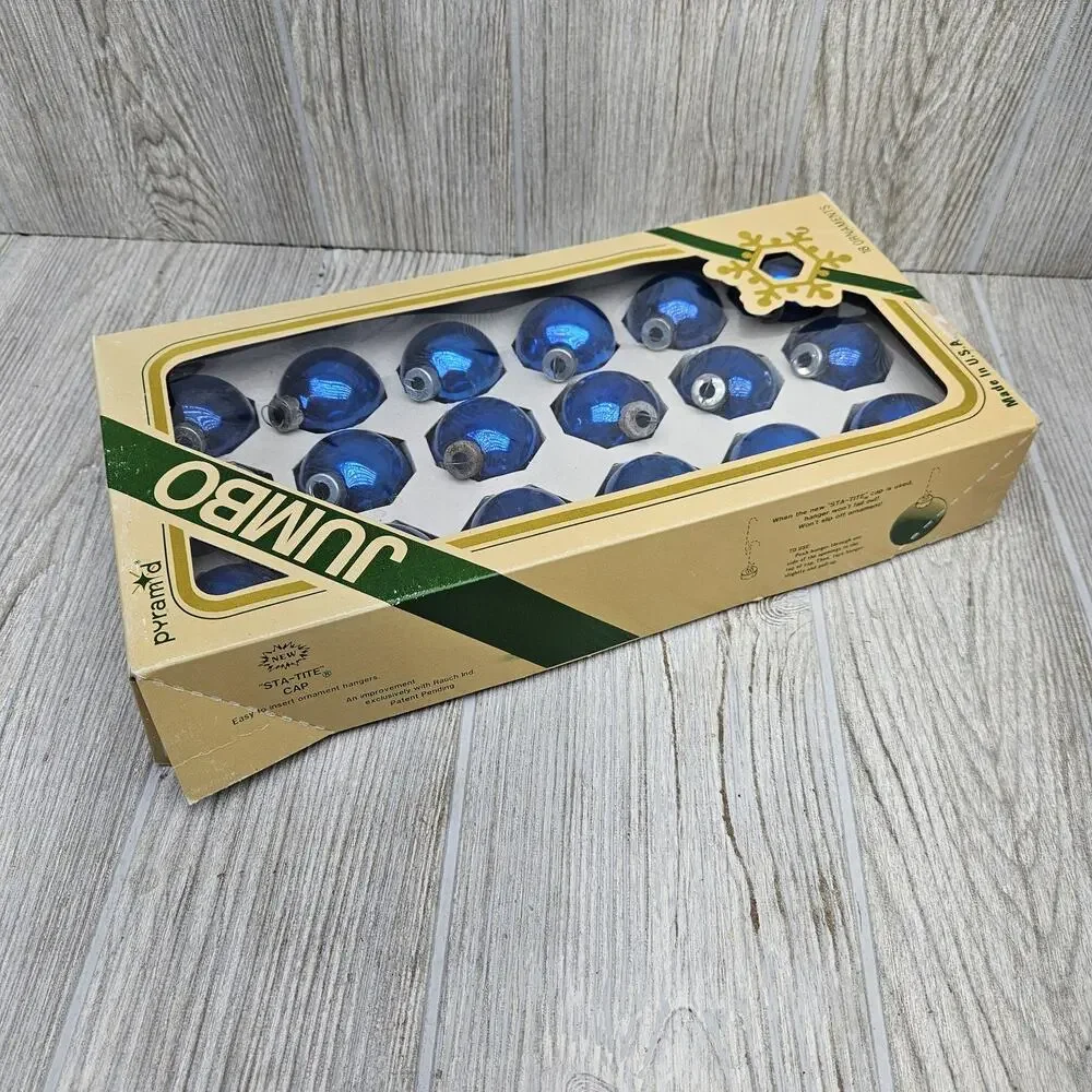 Vintage Pyramid Jumbo Blue‎ Glass Christmas Ornaments Set 18 USA Box Tree Decor
